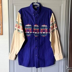 Just Western VTG Panoramic Southwestern‎ Geometric Button Down Shirt, Purple,M
